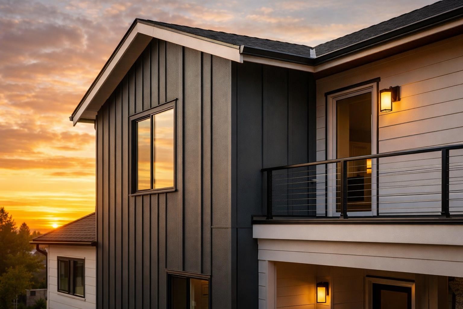 Modern house exterior with black and white panels at sunset.